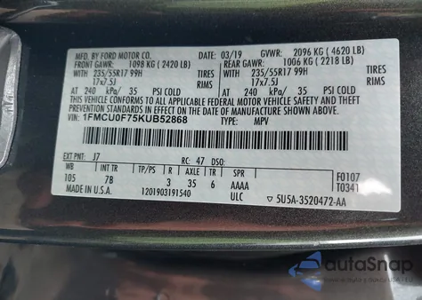 2019 Ford Escape S из США, поврежденный, VIN 1FMCU0F75KUB52868